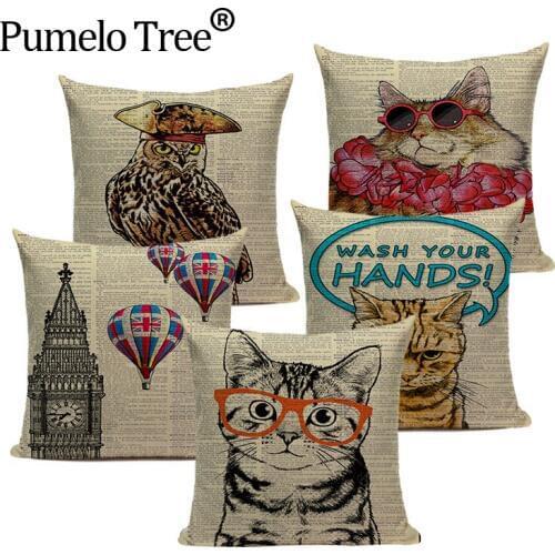 Animal fashion print cushion Cat night owl dog english bulldog decorative linen cushion covers throw pillows Dropshipping