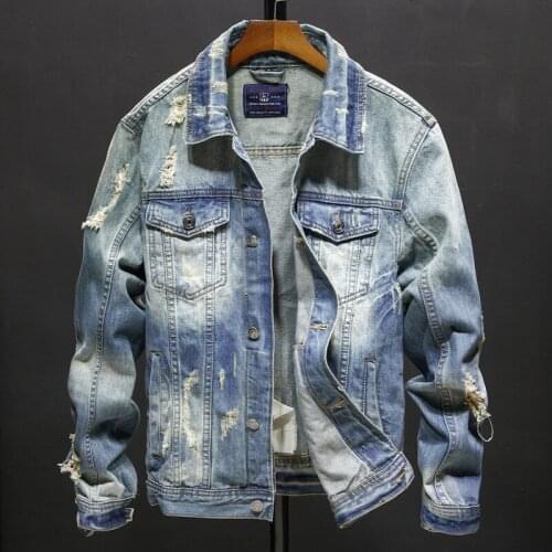 Denim Jackets Men Cowboy Slim Fit Bomber Jacket Mens Ripped Jean Jacket Hip Hop Streetwear Coats