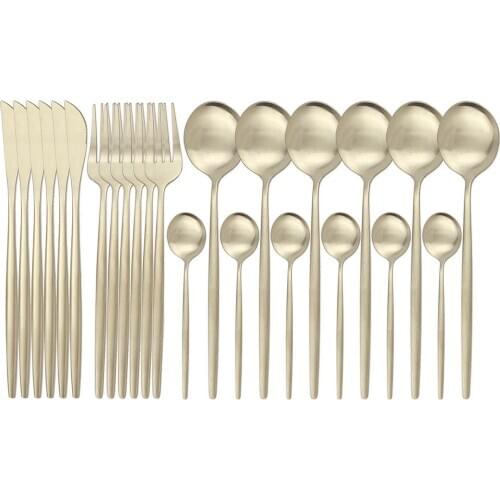 24Pcs Matte Champagne Cutlery Set 304 Stainless Steel Dinnerware Set Knife Fork Spoon Silverware Kitchen Flatware Tableware Set