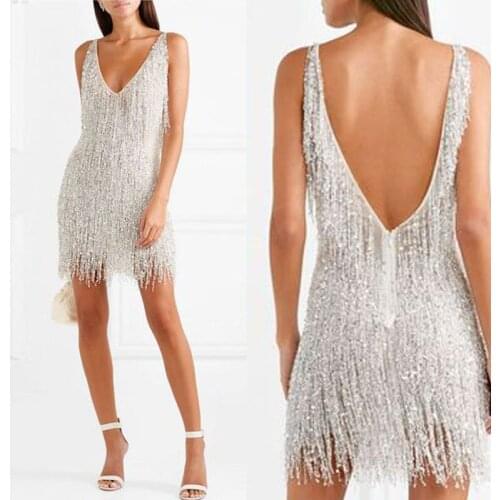 2021 Summer Womens New Explosion Model Silver Tassel Sexy Backless Sleeveless V-neck Slim Mini Dress Female W923