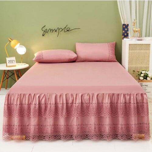 3pcs Solid Color Princess Bed Skirt Pink Lace Girl Bed Cover Luxury Bedspread Pillowcase Set Double King Queen Size Home Textile