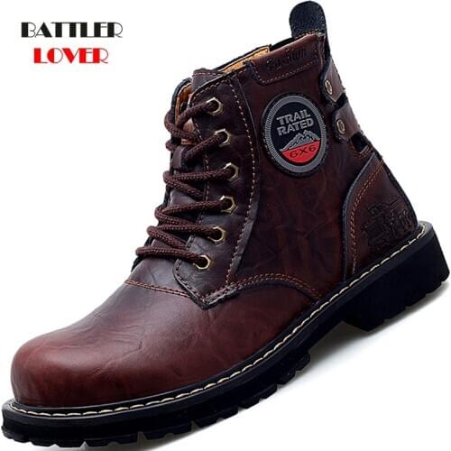 Autumn Winter Men Genuine Leather Working Boots High Top Biker Shoes for Male Casual Brand Fashion Motorcycle Botas Footwear