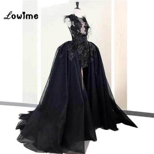 Puffy Black Prom Dresses Vestido De Festa Evening Dress 2019 Couture Feather African Party Dress Arabic Pageant Gowns Weddings