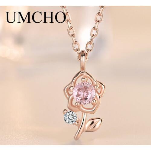 UMCHO Romantic Rose 100% 925 Sterling Silver Drop Pendant Necklace For Women Party Anniversary Fashion S925 Fine Jewelry
