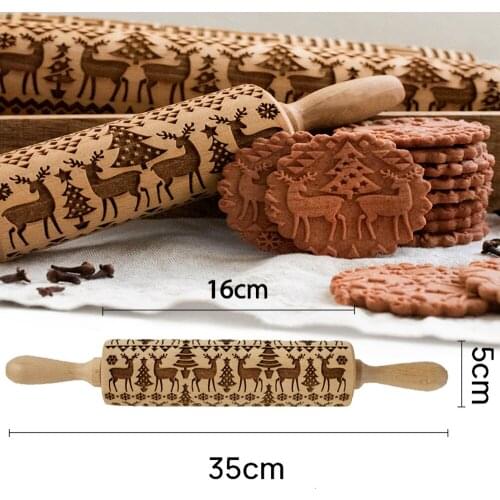 Christmas Embossed Rolling Pin Wooden 35cm Roller Baking Tool Elk Snowflake Carving Kneading Pad Cake Tools Kitchen Accessories