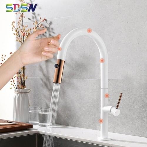 Touch Kitchen Faucets SDSN White Pull Out Kitchen Mixer Faucets Hot Cold Water Tap Pull Down Sprayer Touch Kitchen Mixer Faucets