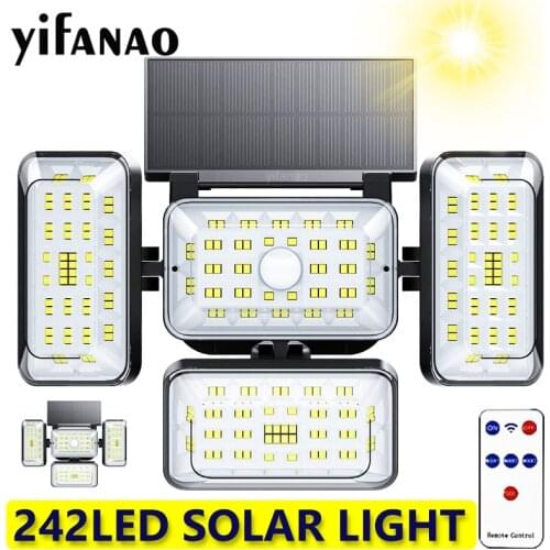 Upgrade 4 Heads 242 LED Solar Light Outdoor with Motion Sensor 1200LM Wide Angle Solar Powered Security Light Solar Flood Lights