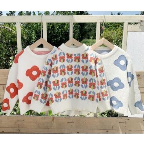 2 3 4 5 6 7 Years Toddler Girls Sweater Korean Flower Print Knit Kids Outwear High Quality Pullover Baby Girls Clothing Sweaters