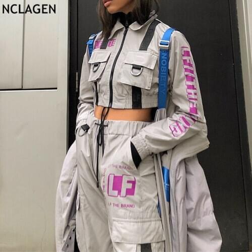 NCLAGEN 2020 Autumn Turn Down Collar Letter Print Crop Coat Zip Up Long Sleeve Pockets Short Jacket Women Casual Outerwear Top
