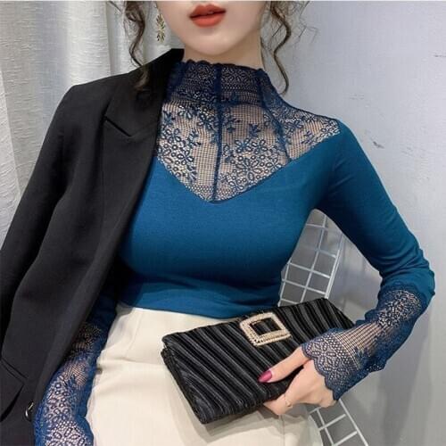 Womens Spring Autumn Style Lace Blouse Shirt Womens Lace Patchwork Embroidery Turtleneck Long Sleeve Sexy Slim Tops DD8347