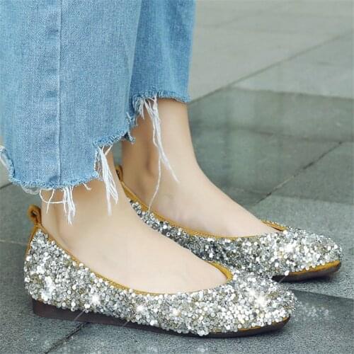 Women Flats Big Size Spring 2020 Flat Shoes Women Slip on Glitter Sequins Ballerina Causal Shoes Slip on Loafers 32 33 43 44