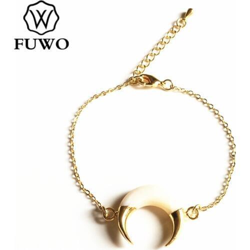 FUWO Natural Crescent Moon Shell Bracelet with Gold Trimmed Real Seashell Bracelet Beach Boho Jewelry Gift For Women BR514