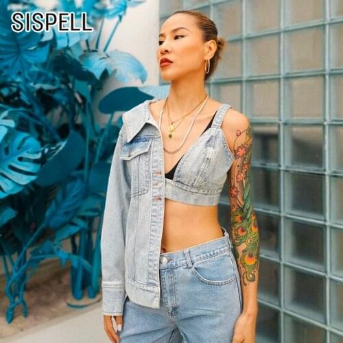 SISPELL Asymmetric Patchwork Womens Denim Coat V Neck Long Sleeve Exposed Waist For Female Coats 2020 Streetwear Fashion New