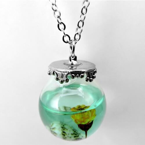 Glass Wish Bottle Necklace with Silver Plated Dried Flower Shaped Choker Long Pendant Necklace for Women Party