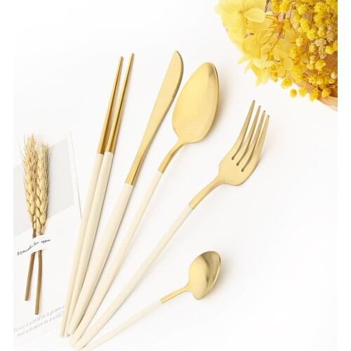 1Pcs Cutlery Set 304 Stainless Steel Colorful Tableware Set Spoon Knife Dinnerware Set Silverware Beige Gold Kitchen Accessories