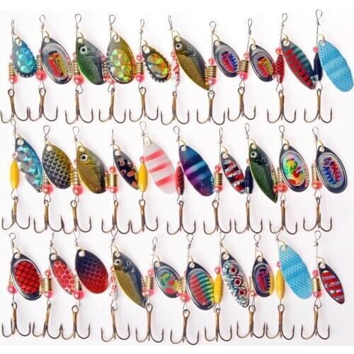 30pcs/Lot Rotating Spinner Fishing Lure Spoon Sequins Metal Hard Bait Treble Hooks Wobblers Bass Pesca Tackle