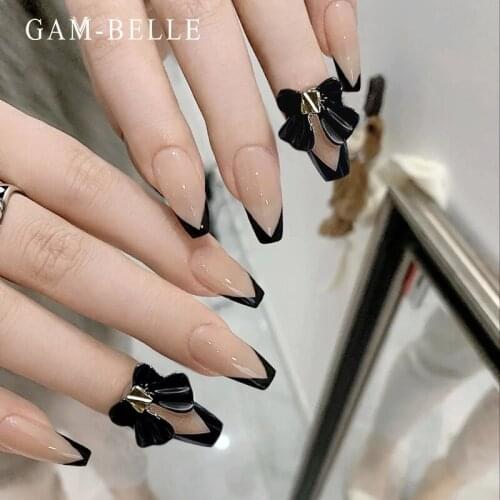 GAM-BELLE 24Pcs 3D Bow Black Tips False Nails French Long Ballerina Full Cover Fake Press On Nails DIY Manicure Nail Art Tools