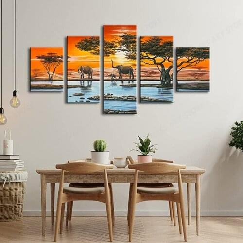 5 Piece African Landscape Giclee Canvas Prints Artwork Animals Paintings Pictures on Canvas Wall Art for Bedroom Home Decor