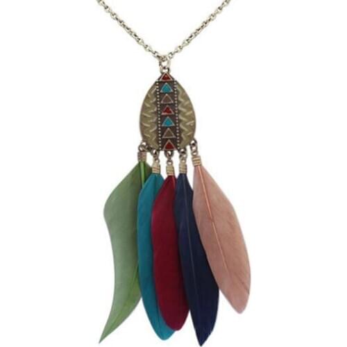 5 colors 2017 women bohemian necklace&pendant colorful feather long collares for women antique tribal printing mujer neck bijoux