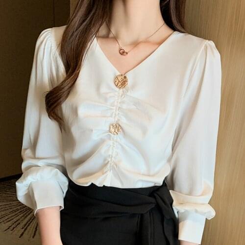 Fashion Woman Blouses 2021 Long Sleeve Blouse Women V-neck Chiffon White Blouse Shirt Ladies Tops Womens Tops And Blouses C641