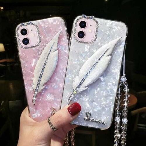 New Diamond mobile phone case for iphone 6 7 8 plus 11 12 13 pro max xs xr se apple cover Rhinestone feather Can hang around