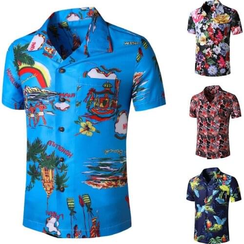 Mens Short Sleeve Shirt Turn Down Collar Cardigan Shirt With Printing Pocket Casual Loose Beach Hawaii Style Slim Type Tops