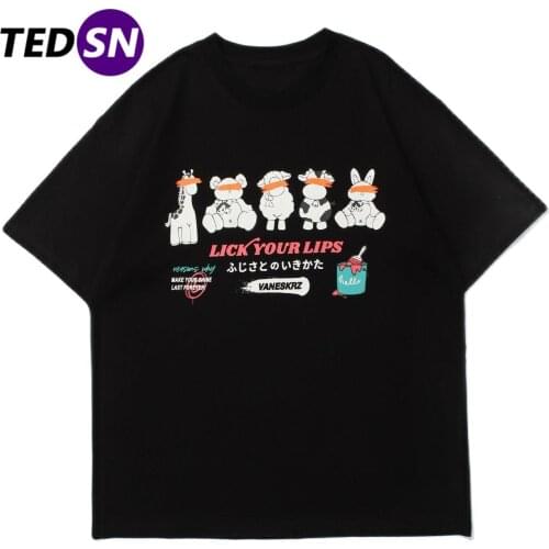 Men Streetwear Harajuku T-Shirt Cartoon Animals Japanese Kanji Print Hip Hop Tshirt 2021 Summer Cotton Short Sleeve Shirt Black