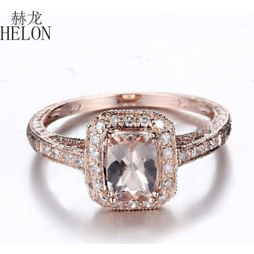 HELON Solid 10K Rose Gold 7x5mm Cushion Natural Morganite Diamonds Engagement Wedding Vintage Antique Fine Jewelry Diamonds Ring