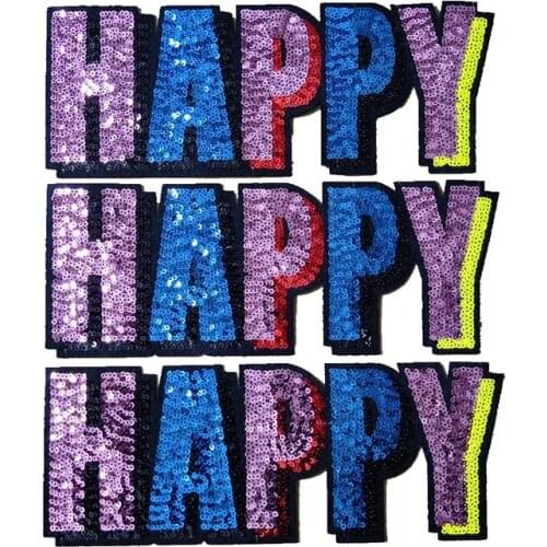 Colorful 3D HAPPY Sequined Patches Iron on Sequins Letters Patch for Clothing DIY Garment Accessories