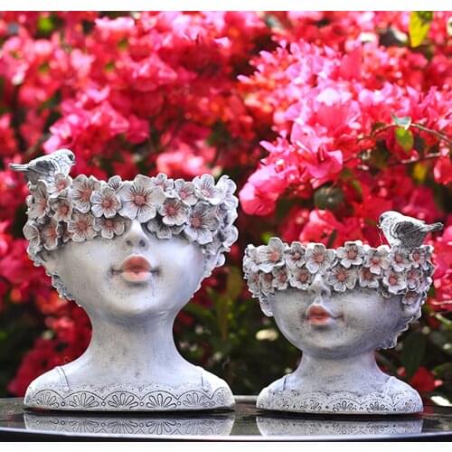Creative Resin Solar Energy Lamp Girl Head Cactus Flowerpot Planter Decorative Ornament