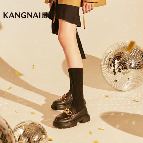 KANGNAI Chunky Loafers Women Shoes Genuine Cow Leather Metal Decoration Slip On Flats Platform Ladies Moccasins