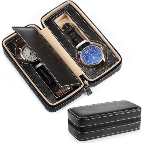 Melancy Black Leather Wrist Watch Boxes And Packaging Storage For 2 Watches Jewelry Gift Brown Zipper Velvet Box Caskets Case