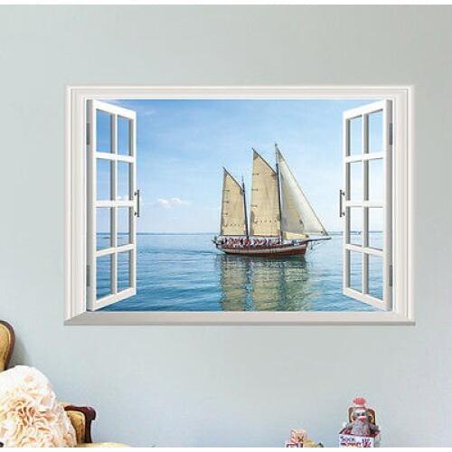 Fashion 3D Sea Boat Window View Wall Art Stickers Vinyl Decal Removable Home Decorations