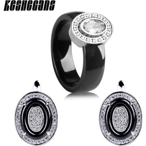 2018 New Vintage Women Fashion Jewelry Set Oval Crystal 6MM Ceramic Ring With Oval Shining Rhinestone Exaggeration Stud Earrings