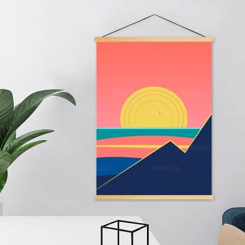 Wall Artwork Canvas Sunset Scenery Pictures Painting Prints Poster Solid Wood Hanging Scrolls Home Decoration for Living Room