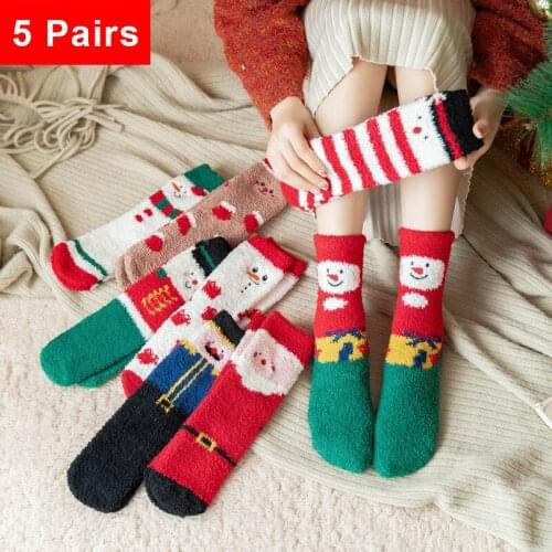 5 pairs of coral fleece womens socks Cartoon plush thick warm sock Cute beauty student sock Snowman love Santas Christmas Gift