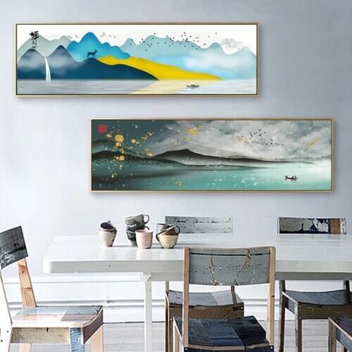 New Chinese Golden Blue Banner Style Mountains Canvas Painting Bedside Poster N Prints Wall Art Posters for Living Room Bedroom