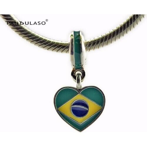 Brazil Heart Flag Charm 925 Silver Original Beads For Jewelry Making For European Woman Bracelets DIY Sterling Silver Beads