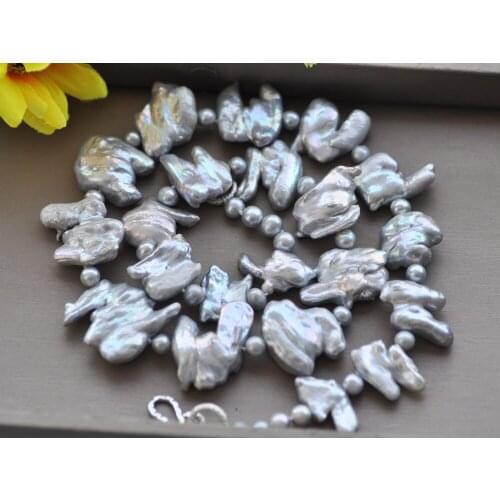 MCT·STAR Z10482 21" 37mm Gray Double Baroque Keshi Pearl Round Pearl Necklace