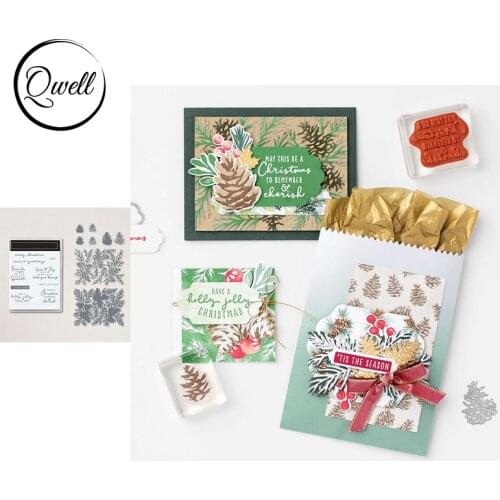 QWELL Pine Cone Holly Foliage Cutting Dies with Clear Stamps Season Greetings DIY Scrapbooking Craft Paper Cards 2021 New