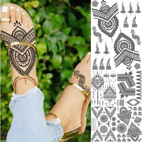 Realistic Black LaceHenna Feet Temporary Tattoos For Women Adult Mandala Fake Tattoo Sticker Waterproof Body Art Painting Tatoos