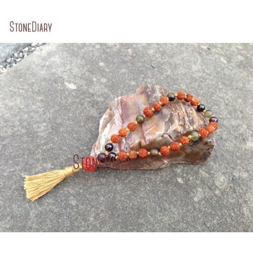 Hand knotted Rudrakshas Labradorites Garnets 27 Bead Pocket Quarter Mala Natural Carnelian Jaspers Mantra Wrist Mala BM10961