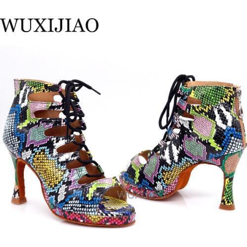 WUXIJIAO dance shoes for women Latin dance shoes trend snake texture Salsa dance shoes HEEL5CM-10CM