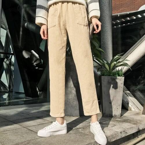 Corduroy Pants Beige For Womens 2021 Spring Autumn Casual Harem Pants Pocket Loose Elastic Waist Radish Long Trousers Cotton