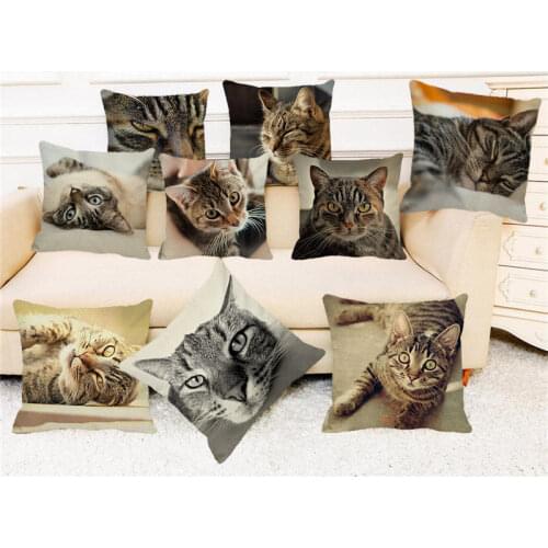 XUNYU 45x45cm Kids Room Decoration Cute Tabby Cat Cushion Cover Linen Printing Pillowcase Sofa Home Decoration Throw Pillowcase