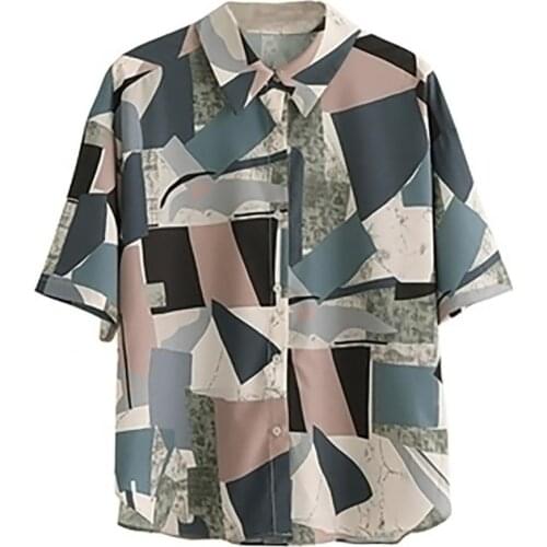 Female Retro Geometric Pattern Turn-down Neck Short Sleeve Ladies Loose Chiffon Casual Tops Blouse T-shirt Women 2021