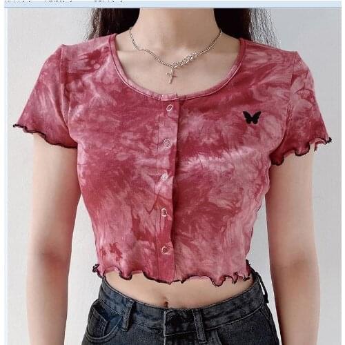 Women Sexy Short Sleeve Round Neck Tie-dye Frill Short Crop Tops Slim Button Cardigan Casual T Shirt Butterfly Top