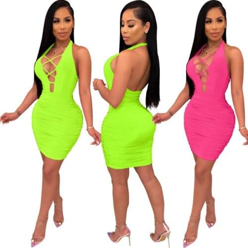 Dresses summer 2021 Womens Clothing Nightclub Sexy Dress Women Halter Neck Open Back Solid Color Pleated Simple Bandage Dress