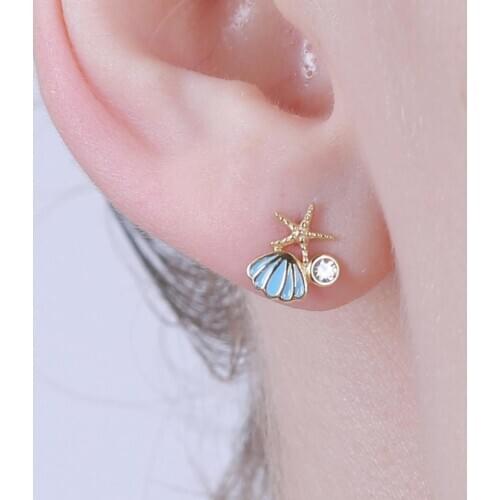 925 Sterling Silver Jewelry Boho Starfish Scallop Seashell Earrings Round CZ Post Stud Earrings for Women Girls Christmas Gifts