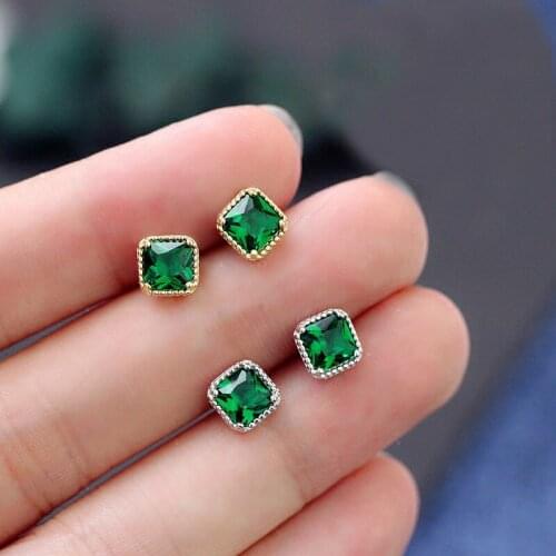 925 Sterling silver earrings for women,Emerald square gemstone Zircon stud earring piercing,party engagement bridal fine jewelry